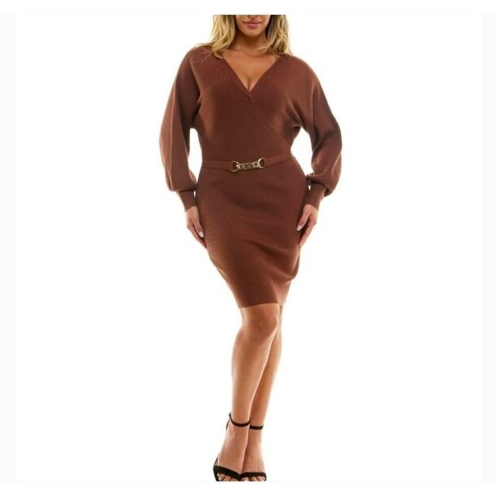 Chocolate Brown Ribbed Knit Long-Sleeve Wrap Dress With Gold Chain Belt - Rosie